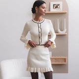 Poshoot Knitted Skirt Set Women's Elegant O-Neck Long Sleeve Cardigan Top Slim Retro Short A-Line Skirt Knitted Ruffle Skirt Set