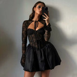 Poshoot Black Lace Pleated Dress Women Elegant Slim Sexy Lace Strappy A-Line Dress Party Club Y2k Luxury High Waist Dress Set