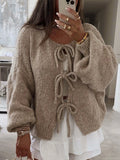 Poshoot Y2K Vintage Bowknot Tie Front Cardigans Autumn V-Neck Long Sleeve Loose Knitwear Elegant Ladies Fashion Knitted Sweater Jumper