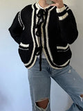 Poshoot Women Y2k Contrast Tie Cardigan Sweater Long Sleeve Open Front Oversized Cardigan Knitwear Tops Streetwear