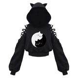 Poshoot Y2k Gothic Womens Hoodie Cat Ear Crop Top Hooded Sweatshirt Hollow Out Lace Up Long Sleeve Hodded Casual Pullover Autumn