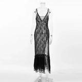 Poshoot Sexy Lace See-through Long Dress Women's Fashion Patchwork Solid V-Neck Sling Dress High Waist Slit Slim Party Dress