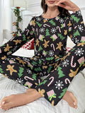 Poshoot Women Christmas Pajama Set 2 Pieces Snow/Tree Print Long Sleeve T-shirt with Elastic Waist Pants Outfits Sleepwear Loungewear