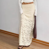 Poshoot Elegant Lace See-through Long Skirt Women's Sexy Patchwork Skirt Solid Casual Loose High Waist Slim Retro Long Skirt Y2k