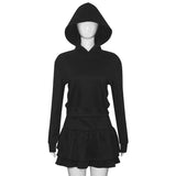 Poshoot Casual Short Skirt Two-piece Set Women's Fall Black Hooded Long Sleeve Top Pleated A-Line Skirt Set Y2k Female Skirt Set