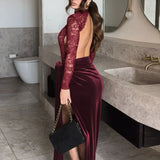 Talenza Lace Maxi Skirt Suit Women's Sexy Mesh See-through Long Sleeve Jumpsuit Slim Lace Up Floral Skirt Suit Female Skirt Suit