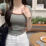 Poshoot Summer Slim Fit Striped T Shirts Women 2024 Streetwear Short Sleeve Low Collar Crop Tops Woman Harajuku Cropped Tshirt