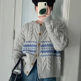 Poshoot Korean Gray Round Neck Cardigans Women Stripe Patchwork Twist Sweater Cardigan Woman Long Sleeve Knitted Coats Female