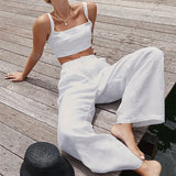 Poshoot Wide Leg Pants Sets For Women 2023 Sleeveless Backless Crop Tops Ladies Loose Casual Trouser Suirt Womens Outfits Summer