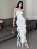 Poshoot White Robe Long Dress Elegant 2023 Sexy Off Shoulder Slim Wrapped Chest Split Mid Length Dress Fashion Korean Women Tops H8OG