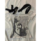 Poshoot American Vintage Skull Print Shirt Short-sleeved T-shirt Female Subculture Y2k Slim Tops Gothic Vintage Grunge Off Shoulder Tees