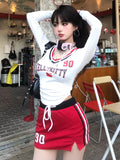 Poshoot Korean Fashion Graphic T Shirts Women Streetwear Y2k Aesthetic Letter Printed Tees Kpop Grunge Long Sleeve Crop Tops