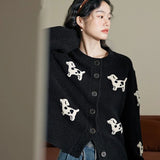 Poshoot Korean Cute Dog Printed Black Cardigans Women Round Neck Knit Cardigan Sweater Woman Autumn Winter Single Breasted Short Coats