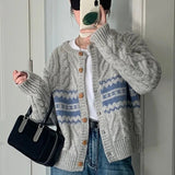 Poshoot Korean Gray Round Neck Cardigans Women Stripe Patchwork Twist Sweater Cardigan Woman Long Sleeve Knitted Coats Female