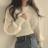 Poshoot Rimcoy Korean Fashion Cropped Sweater Women 2024 New Round Neck Knitted Jumper Woman Soft Solid Color Long Sleeve Pullover Mujer