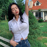 Poshoot Korean Slim Fit White Shirt Women Summer Y2K Short Sleeve Crop Top Blouses Woman Preppy Style Button Up Basic T Shirts