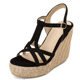 Poshoot Woman Sandals Ankle Buckle Straps Casual Platform Wedge Concise Black Blue Summer