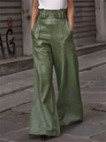 Poshoot Autumn Winter Women's Faux Pu Long Pants  High Waisted Loose Pleated Pockets Streetwear Female Wide Leg Trousers