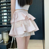 Poshoot Sweet Lace Patchwork Short Skirt Women 2025 Summer Lace Up Layer Cake Skirt Woman Lolita High Waist A Line Skirts Female