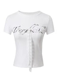 Poshoot Korean Sweet T-shirts Women Cute Bow Fairy Tees Y2k Crop Tops Coquette Lace Up Aesthetic Cotton Short Sleeve T-shirts