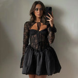 Poshoot Black Lace Pleated Dress Women Elegant Slim Sexy Lace Strappy A-Line Dress Party Club Y2k Luxury High Waist Dress Set