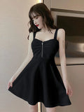 Poshoot 2022 New Sexy Dress Mesh Red Strap A-line Slim Fit Slim Ruffled Low Chest Zipper Korean Style Short Dress Women Charm PG9J