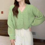 Poshoot Y2K Knitted Cropped Cardigan Sweater Women Korean Short Long Sleeve Crop Tops Woman Solid Color V Neck Cardigans Female