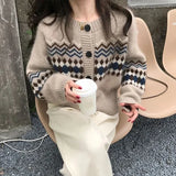 Poshoot 2023 Korean Cardigan Women Autumn Winter Long Sleeve Knitted Cardigans Woman Chic Button Up Printed Sweater Coat Female