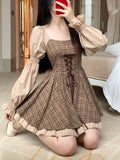 Poshoot Summer Kawaii Party Lolita Dress Women Causal Long Sleeve Y2k Mini Dress Female Plaid Slim One Piece Dress Korean Chic