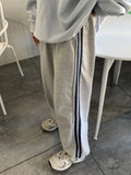 Poshoot Casual Sweatpants Women Korean Style Classic Sports Pants Oversize Summer Joggers Baggy Gray Black Striped Wide Trousers