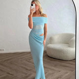 Poshoot Elegant One Shoulder Hollow Long Dress Women's Sexy See-through Strapless Party Dress Solid Sleeveless Long Dress Robe