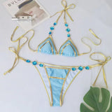 Poshoot 2024 Sexy Rhinestones Bikinis Set Women Swimwear Solid Color Swimsuit Crystal Shinning Diamond Bathing Suit Biquini Beachwear