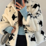 Poshoot Cow Pattern Faux Fur Jacket Women Korean Fashion Turn-Down Collar Warm Parkas Woman Soft Thick Winter Fluffy Coat Female