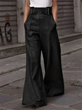 Poshoot Autumn Winter Women's Faux Pu Long Pants  High Waisted Loose Pleated Pockets Streetwear Female Wide Leg Trousers