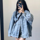 Poshoot Korean Style Denim Jacket Women 2024 Autumn New Long Sleeve Blue Coats Woman Retro Turn Down Collar Loose Jean Jacket Female