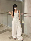 Poshoot Wide Leg White Linen Pants Woman Casual Basic Summer 2024 Oversize Female Straight Trousers Baggy Elastic Waist Pants