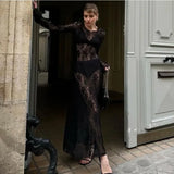 Poshoot Sexy See-through Lace Floral Maxi Dress Women's Black Long Sleeve O Neck Loose Resort Dress High Waist Party Dress Robe