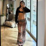 Poshoot Leopard Mesh Skirt Women's Sexy See-through Mesh Skirt Fashion Printed Patchwork Slim Party Retro Long Skirt Streetwear