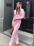 Poshoot Women Spring Outfits Casual Zipper Sweater Hoodie Set High Waist Flare Pants Suits Pink Knitted Womens Y2k Two Piece Set