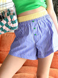 Poshoot Women Elastic High Waist Shorts Loose Casual Summer Patchwork Striped Print Short Pants Beach Club Streetwear 2024