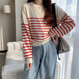 Poshoot Korean Style Striped Sweater Woman All Match Long Sleeve Knit Pullover Women Autumn Winter Basic O Neck Bottoming Shirt