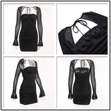 Poshoot-Townlike Mesh Slim Bodycon Pleated Bandage Dress Women Mini Nightclub Sexy Party Dress Long Sleeve 2024 Autumn Winter Dresses