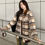 Poshoot 2024 New American Retro Plaid Jacket Women Corduroy Patchwork Long Sleeve Woolen Coat Woman Fashion Design Zipper Warm Jacket