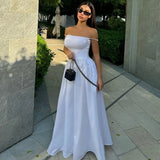 Poshoot Elegant Backless Long Dress Women's Sexy One Shoulder Strapless Pleated Solid Party Dress High Waist Sleeveless Dress