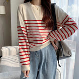 Poshoot Korean Style Striped Sweater Woman All Match Long Sleeve Knit Pullover Women Autumn Winter Basic O Neck Bottoming Shirt