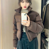 Poshoot 2024 Women's Winter Warm Thick Parkas Chic Brown Long Sleeve Stand Collar Down Cotton Jacket Female Padded Coat Short Outerwear