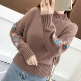 Poshoot Autumn Winter Embroidery Sweater Women Fashion Half High Collar Long Sleeve Knit Jumper Woman 2024 Korean Loose Pullover Female