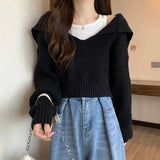 Poshoot Long Sleeve Cropped Sweater Women Autumn Winter Turn Down Collar Knitted Jumper Woman Korean Style Solid Color Jerseys