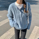 Poshoot Korean Fashion Round Neck Cardigan Women Long Sleeve Twist Knit Sweater Coat Woman Solid Color Chic Cardiagns Female