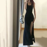 Poshoot Sexy High Split Spaghetti Strap Dress Women 2024 Summer Black Bodycon Dresses Woman Sleeveless Party Long Dress Ladies